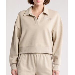 DKNY Cream Cropped Collar Pullover Sport Sweatshirt